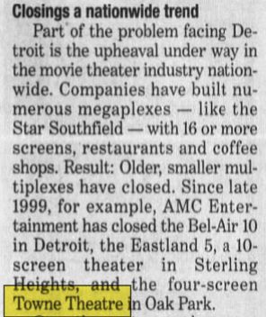 Towne Theatres 4 (AMC Towne 4 Theatres) - Jan 2001 Article On Closing (newer photo)